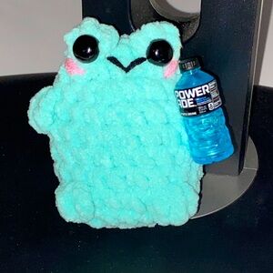 Crochet Frog With Mini Soda Bottle Plushie Handmade Amigurumi Car Desk Buddy